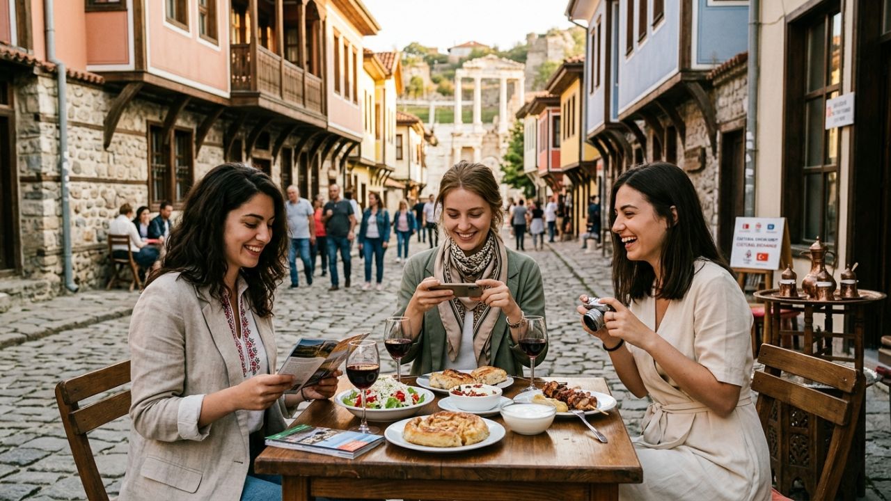 Tourists exploring the ancient Roman ruins of Plovdiv, Bulgaria, highlighting the country's push for cultural tourism with Türkiye amidst global travel chaos