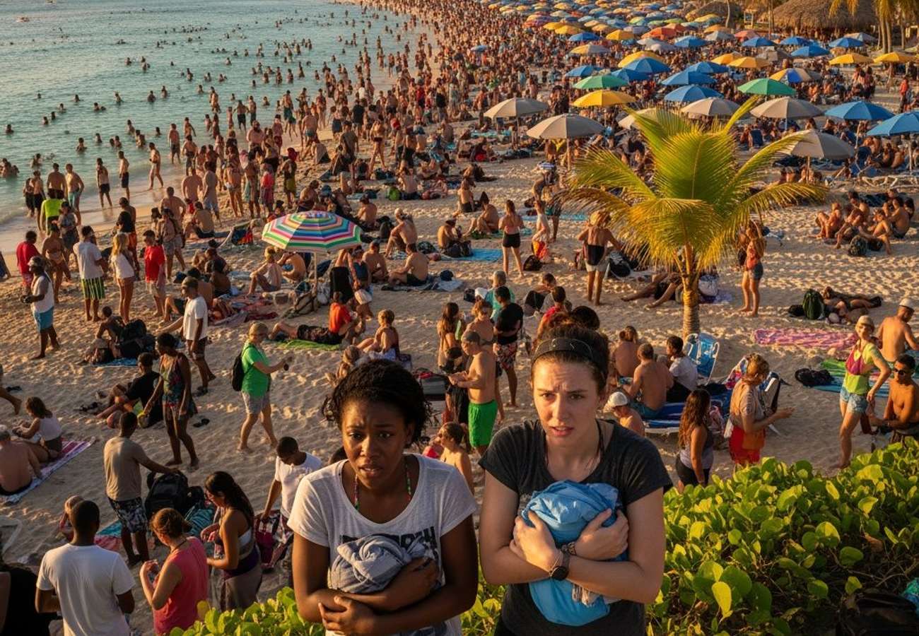 Aerial view of overcrowded Caribbean cruise ship ports and beaches during peak season tourism