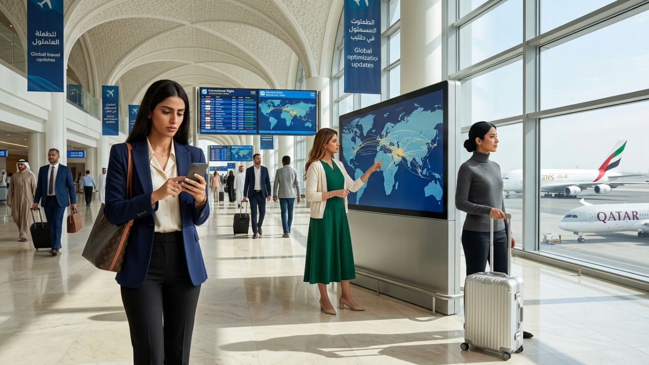 A split-screen illustration showing a stabilizing Dubai airport alongside a restricted Moscow terminal, depicting the severe global travel chaos and geopolitical flight cancellations