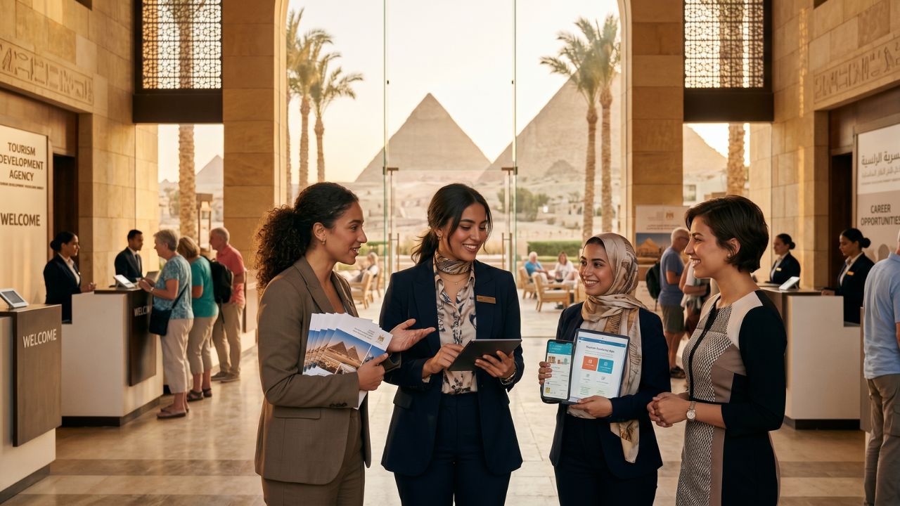 A highly efficient Egyptian government administrative center rapidly processing work visas for international hospitality executives, preventing staff shortages across premium luxury resorts