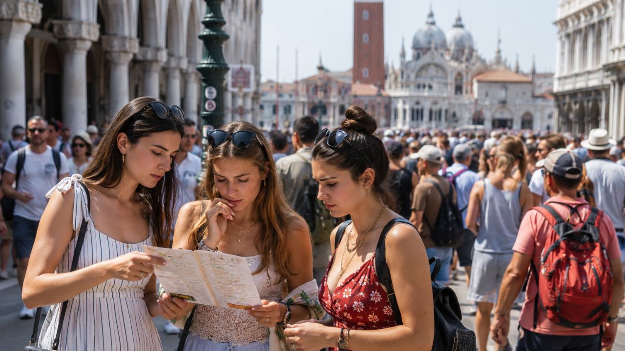 A highly congested European plaza packed with thousands of tourists, illustrating the massive travel chaos and overtourism crisis currently paralyzing major historic cities
