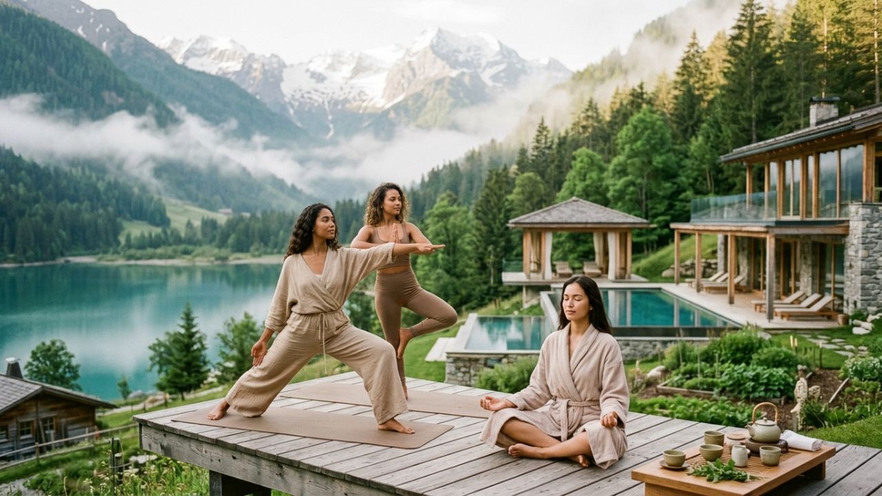A serene wellness retreat featuring natural landscapes in Bhutan, contrasting with the severe travel chaos and airport disruptions of global transit hubs
