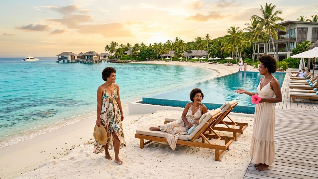 A highly luxurious, serene lagoon-style pool at an Accor resort in Fiji, offering an idyllic sanctuary completely insulated from the intense travel chaos of major aviation hubs.