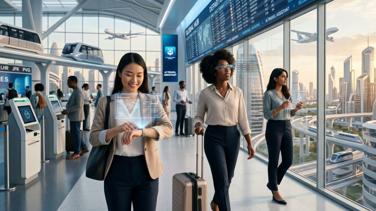 A highly advanced, AI-powered futuristic airport terminal showcasing seamless digital passenger flow, representing the global shift toward smart tourism designed to defeat travel chaos and flight cancellations.