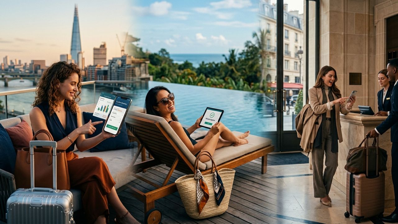 A highly sophisticated digital hotel booking dashboard explicitly showing dynamic pricing algorithms successfully helping a traveler defeat severe travel chaos and massive airport disruptions.