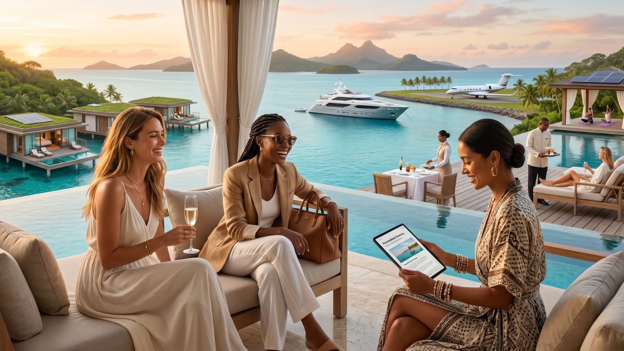 A sleek, private jet parked at an exclusive international terminal, waiting to whisk wealthy millennial travelers away to a bespoke luxury eco-resort far from commercial travel chaos