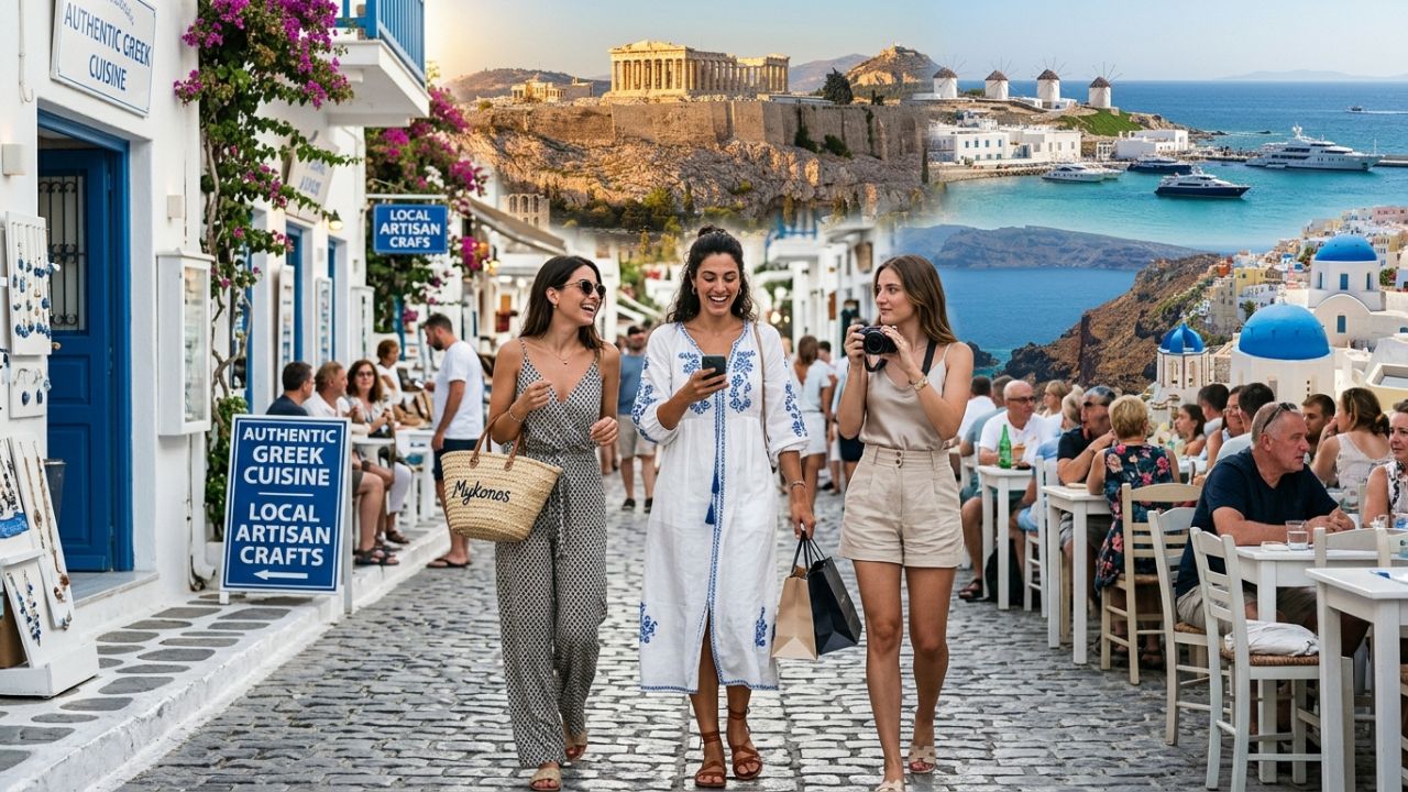 Crowds of international tourists navigating a heavily congested terminal at Athens International Airport amid the 2026 Mediterranean tourism surge