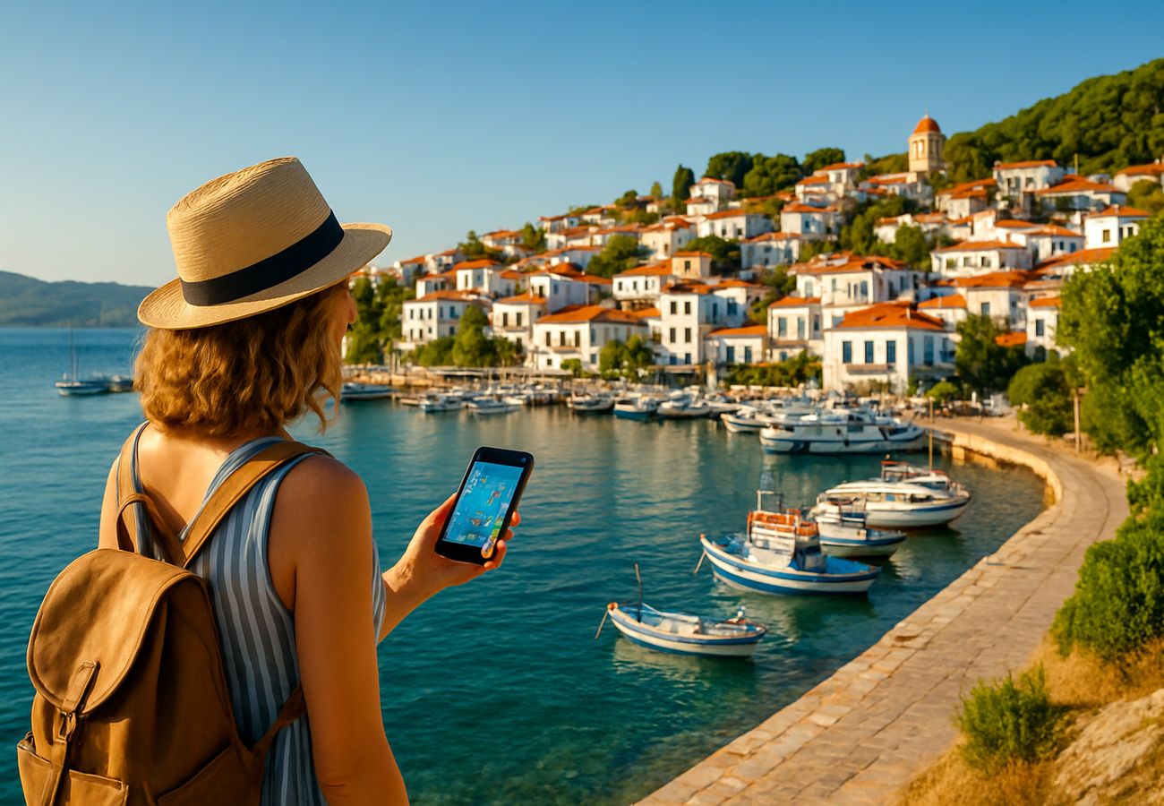 Real-time tourism monitoring dashboard showing visitor flow analytics across Skiathos island