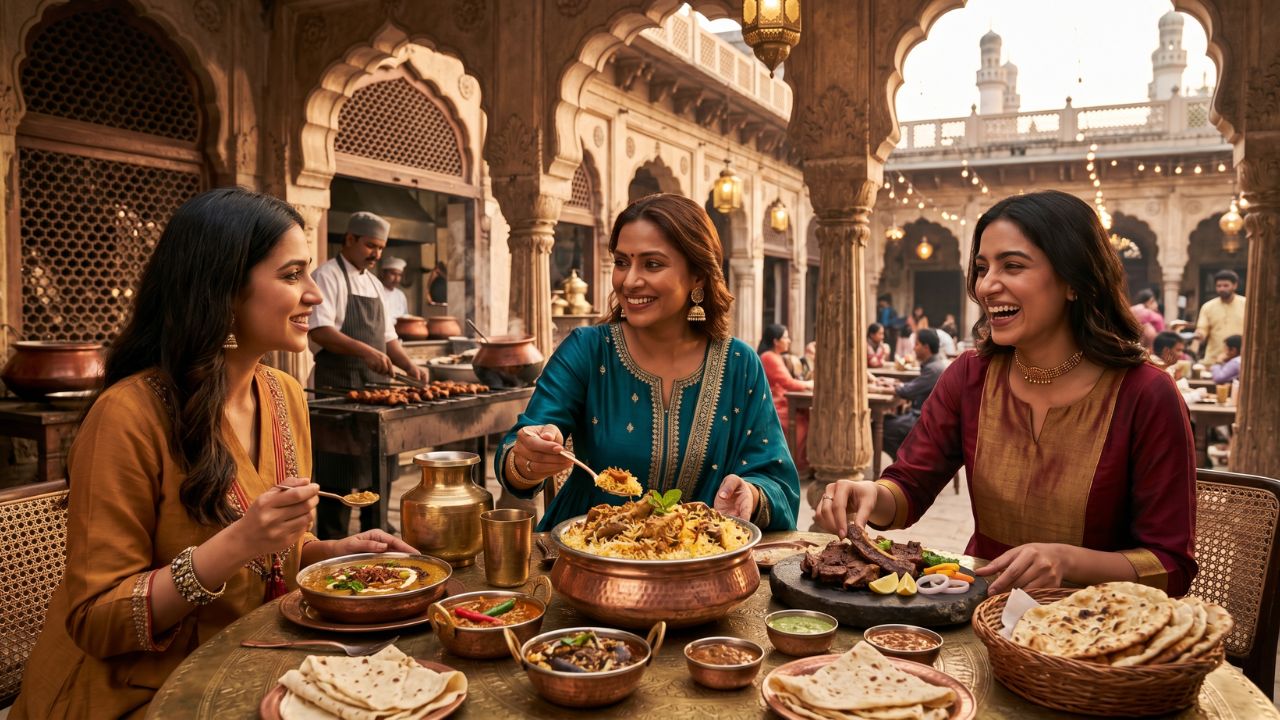 A highly dedicated international food tourist sitting in a traditional Hyderabad restaurant, enjoying a massive platter of steaming Biryani and Haleem after surviving severe global airport disruptions
