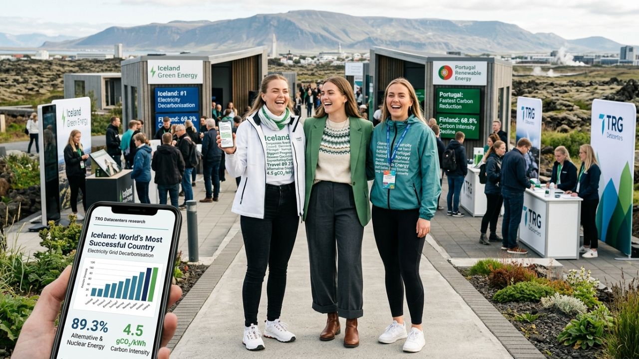 A pristine Icelandic landscape powered by renewable geothermal energy, representing the country's dominance in global decarbonization and green tourism.