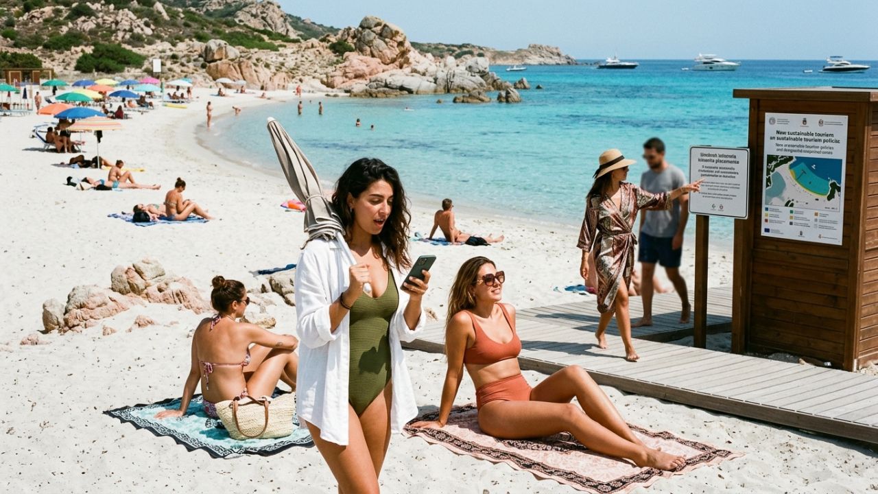 A highly dramatic scene capturing heavily regulated beach access and strict crowd control enforcement at Punta Molentis in Sardinia, representing the intense tourism crackdown designed to prevent massive summer travel chaos