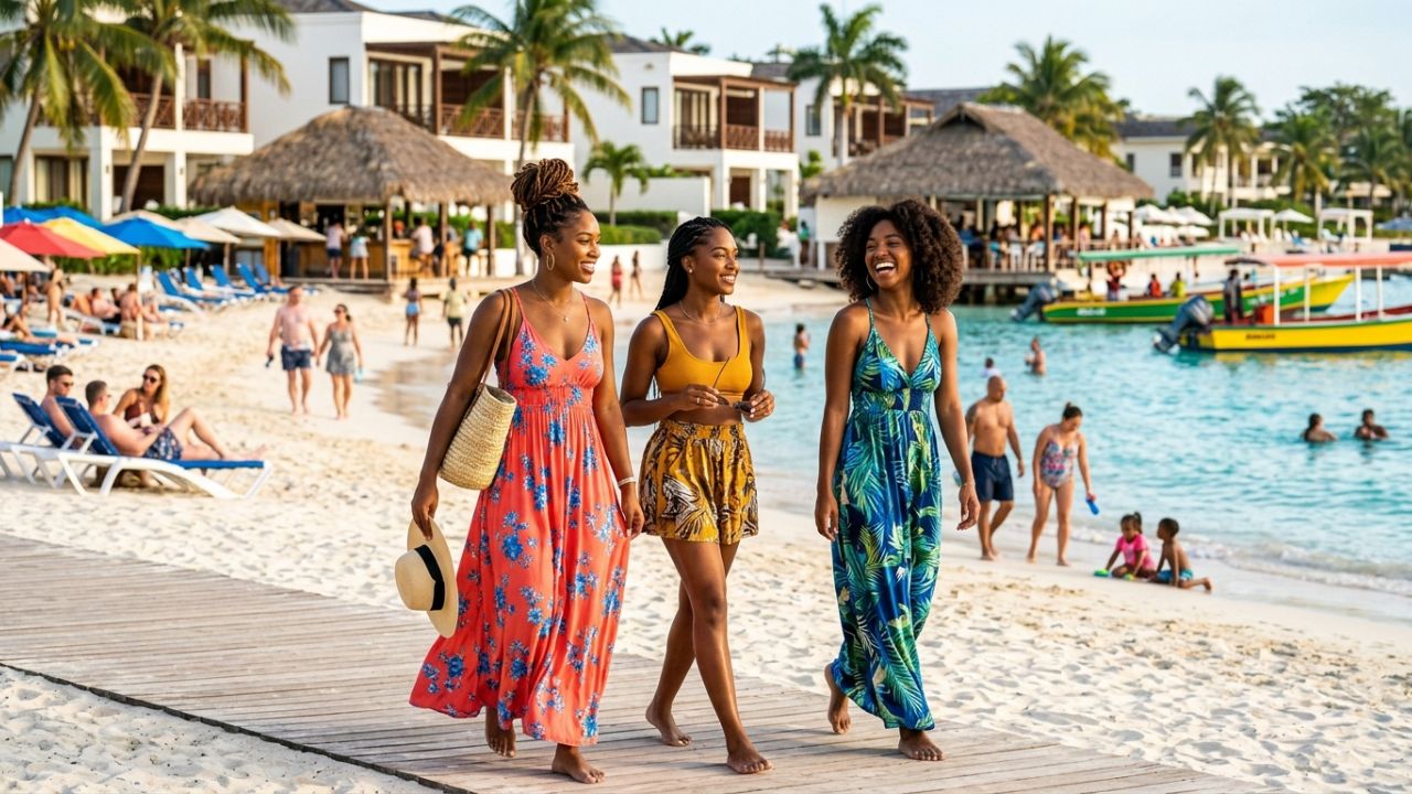Tourists enjoying the pristine beaches of Montego Bay, highlighting Jamaica's rapid recovery and resilience following Hurricane Beryl