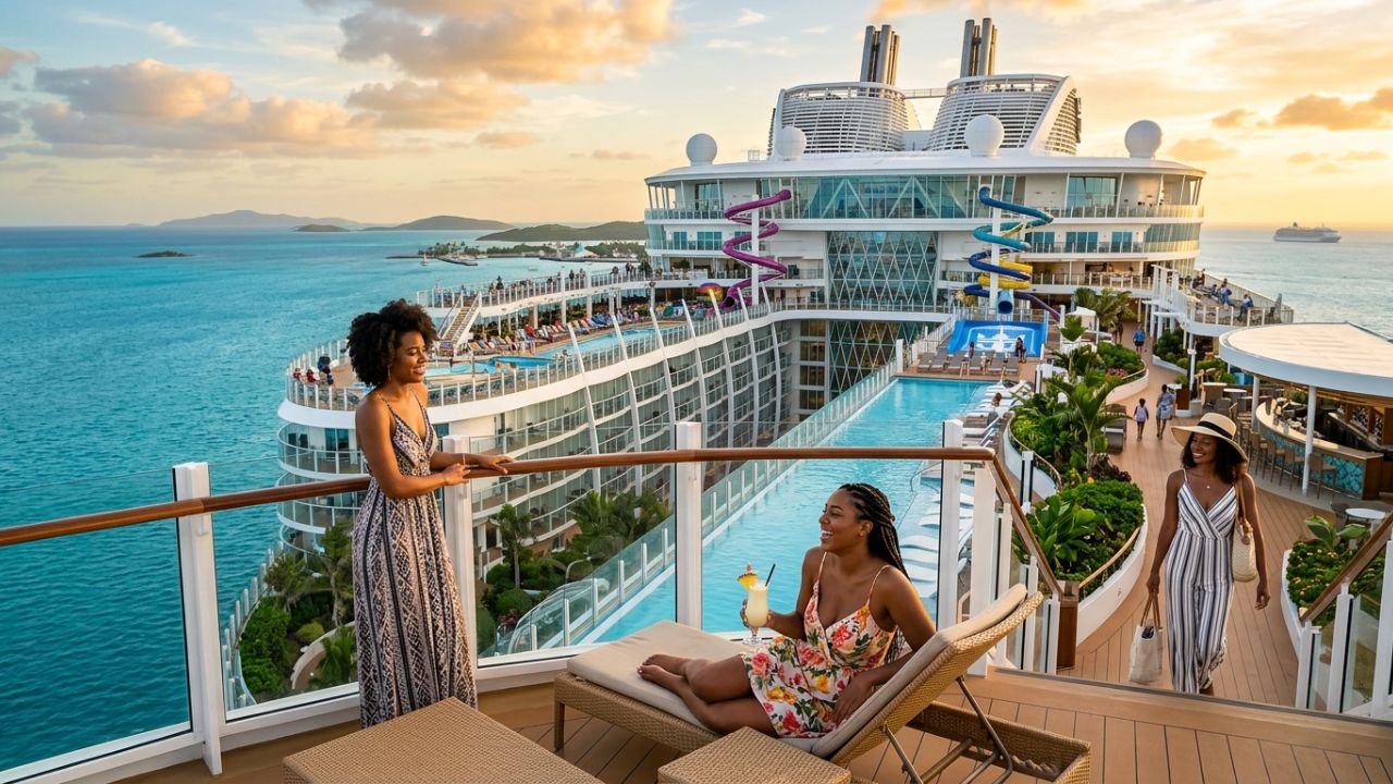 A massive Royal Caribbean Oasis-class cruise ship docked at a major Caribbean port, representing the booming mega-ship industry that travelers are using to completely bypass aviation gridlock and flight cancellations.
