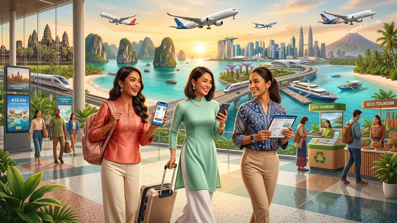 A map of Southeast Asia highlighting seamless, disruption-free aviation routes connecting multiple nations, offering an escape from severe regional travel chaos and terminal gridlock