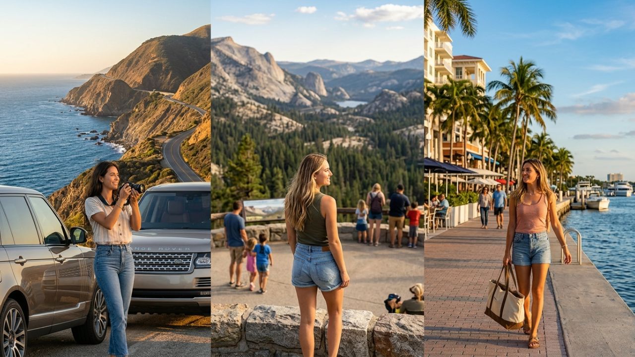 A highly congested, bustling American highway leading toward a massive Florida resort, symbolizing the incredible US domestic tourism boom actively defeating global travel chaos and aviation gridlock.