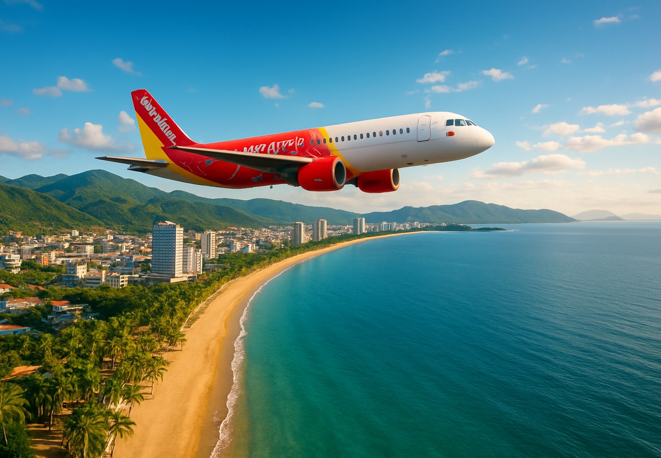 Aerial view of Nha Trang's white-sand beaches and turquoise waters with resort development visible along the south-central Vietnam coastline