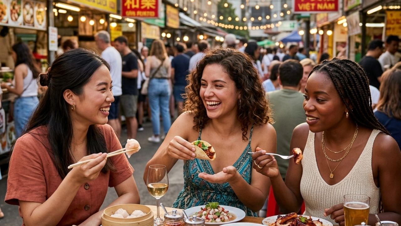 A vibrant culinary market showcasing global cuisine, representing the top food cities of 2026 amidst international travel demand