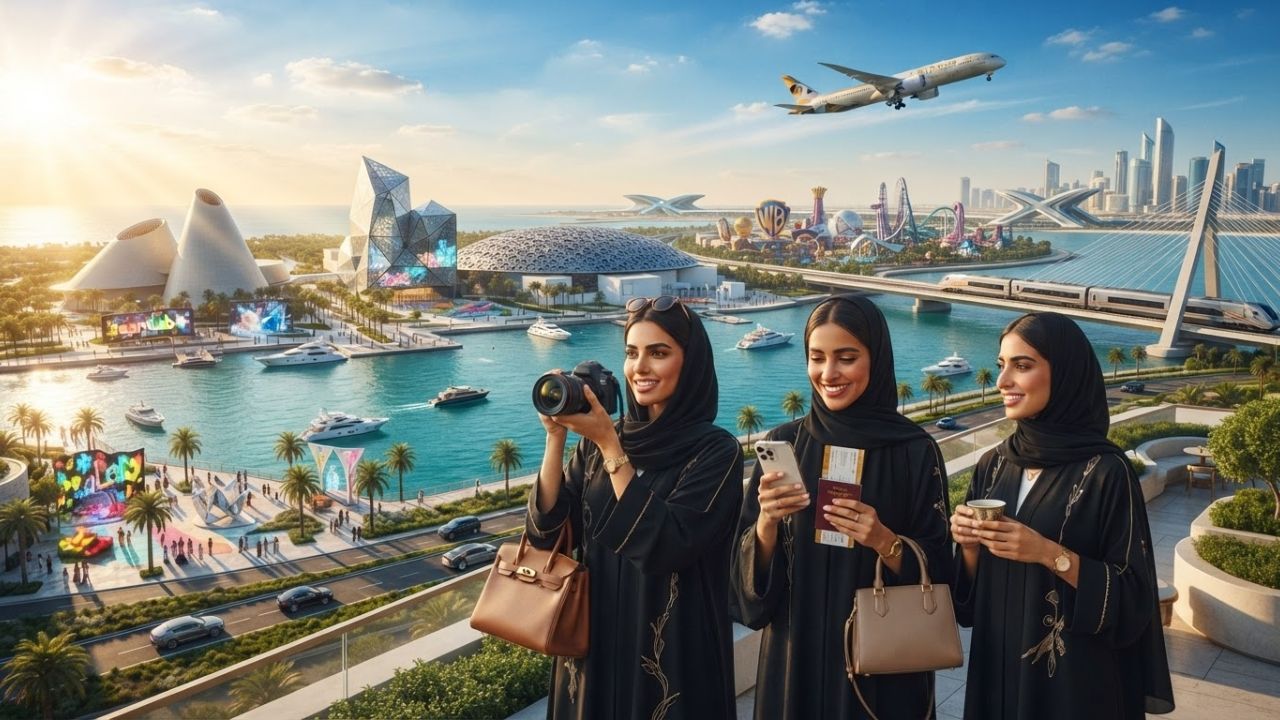 A scenic view of a modern museum dome in Abu Dhabi surrounded by sea water under a blue sky