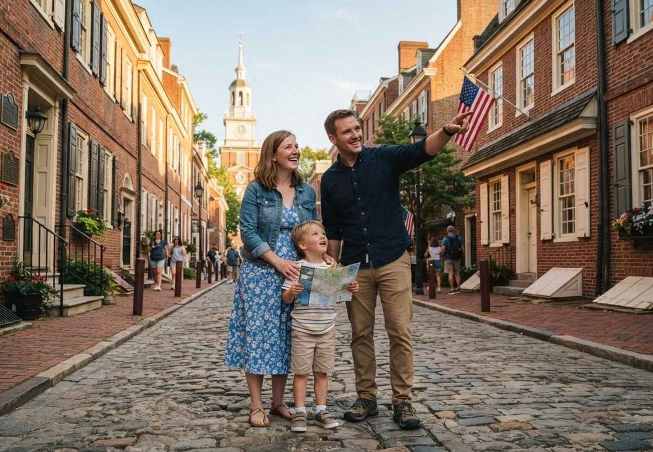 Historic landmarks and American flags celebrating the 250th anniversary of the United States