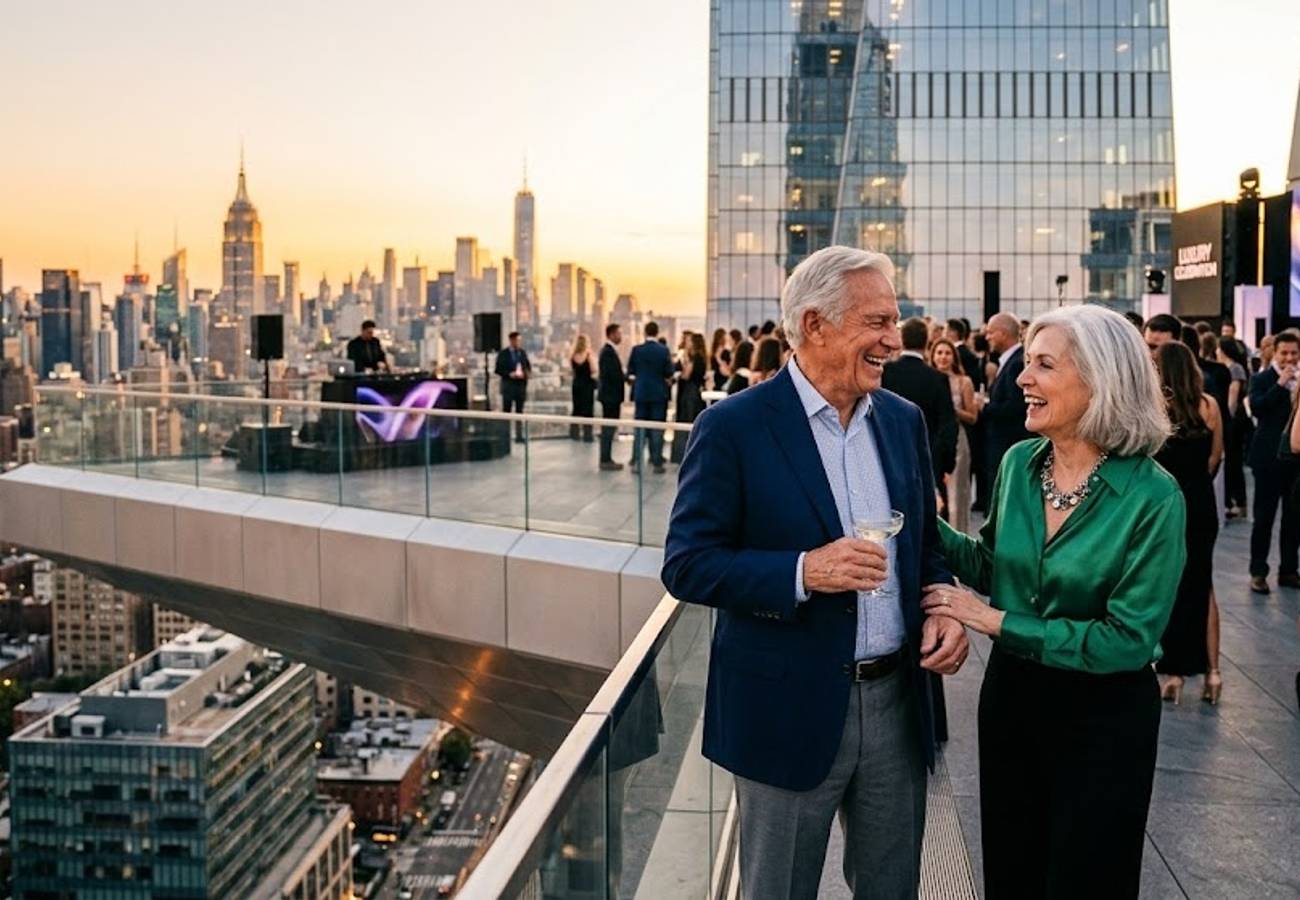 Aerial view of Edge NYC observation deck overlooking the Manhattan skyline during a celebration