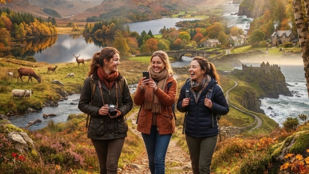 A winding stone path heading up a colorful autumn hillside in the Scottish Highlands