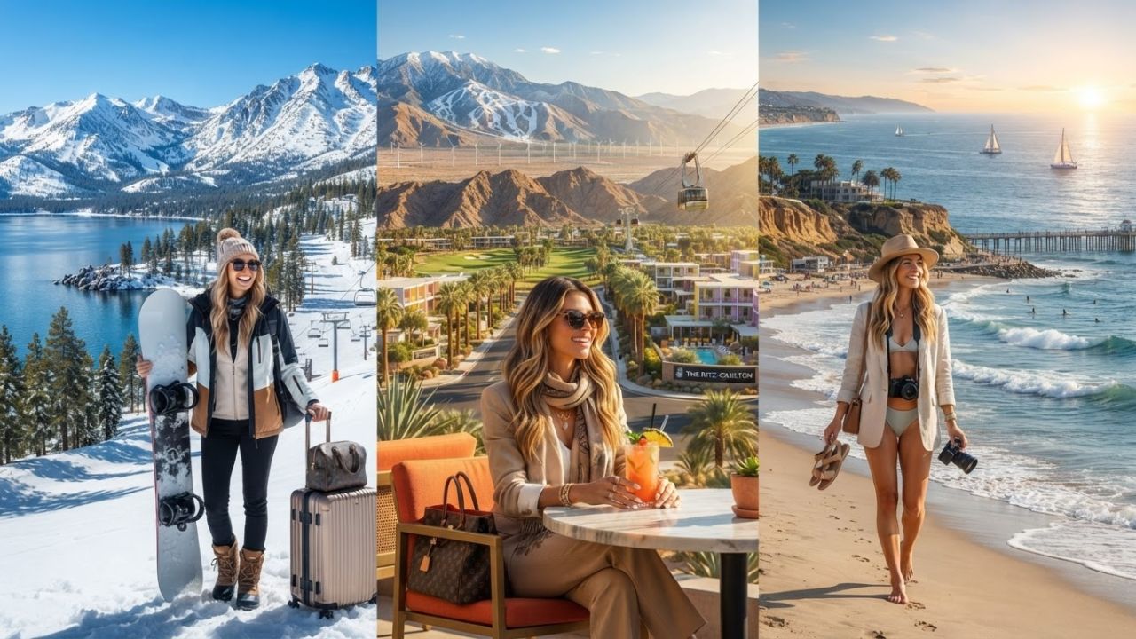 A split image showing snow covered mountains on one side and a sunny desert resort on the other in California