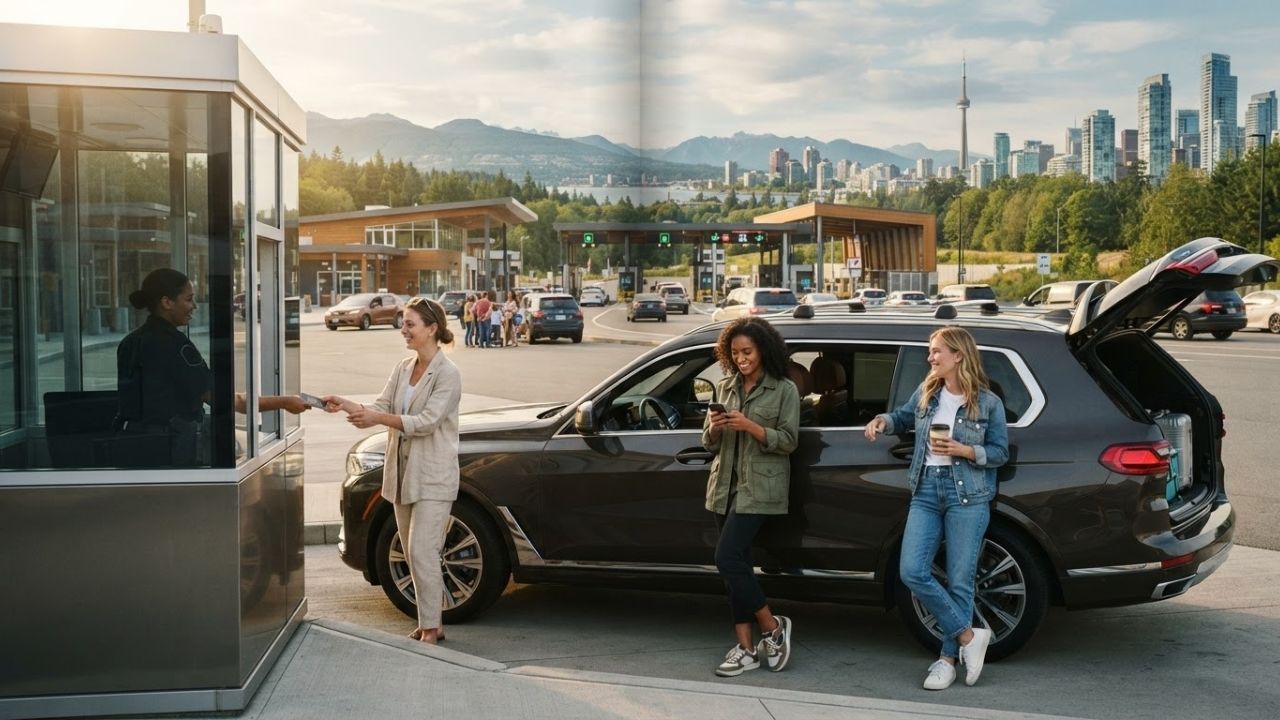 A line of cars waiting at a highway land border crossing checkpoint between Canada and the United States