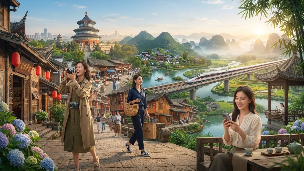 A high-speed train traveling past scenic green hills and a traditional village pagoda in China