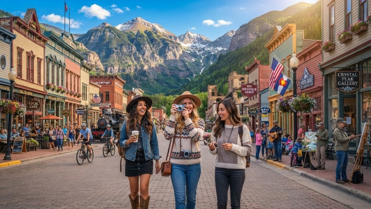 A historic main street in Colorado with colorful Victorian buildings under snow-capped Rocky Mountain peaks