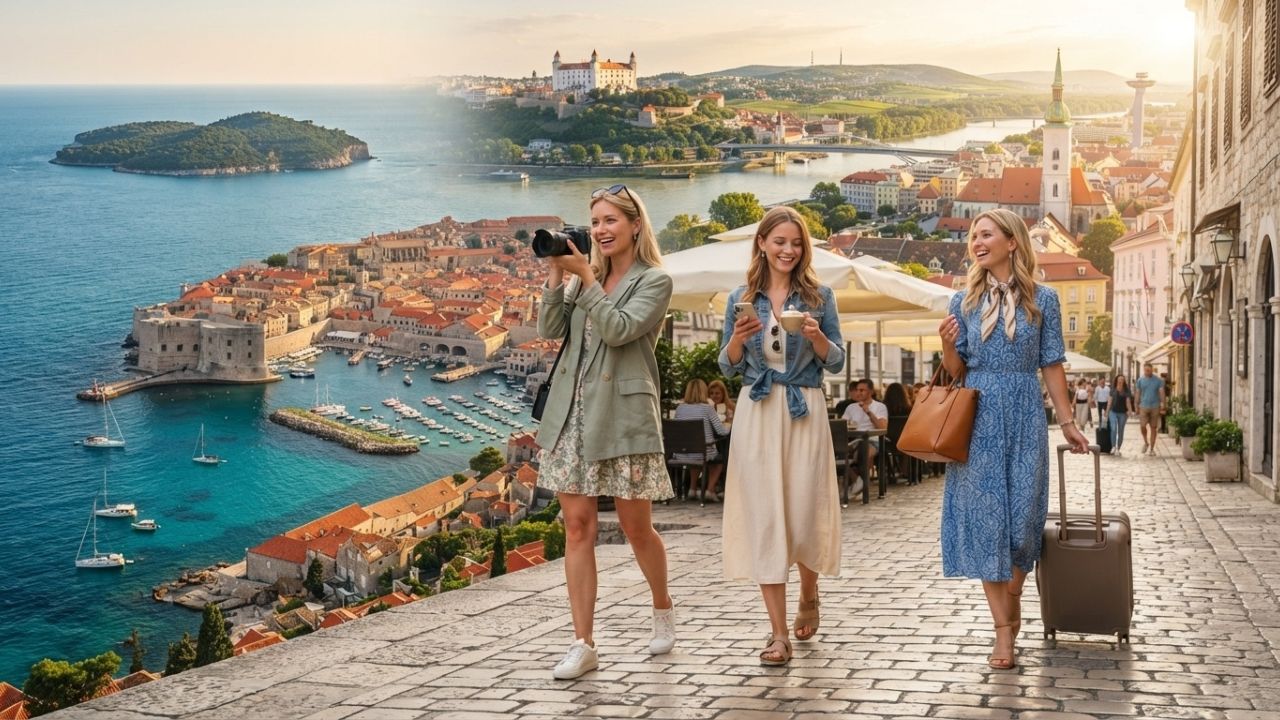 A beautiful aerial scenic view of the historic red-roofed old town of Dubrovnik, Croatia next to the blue Adriatic Sea