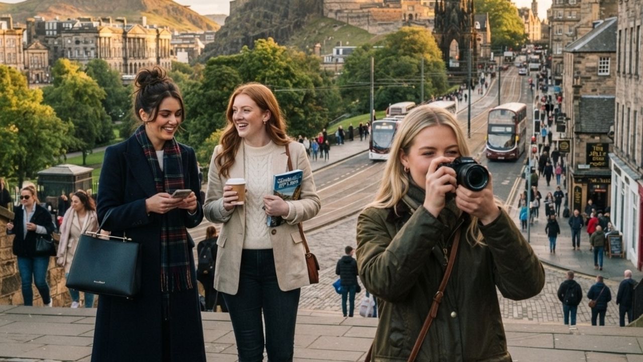 Scenic view of Edinburgh Castle standing high above the historic stone buildings of the Old Town