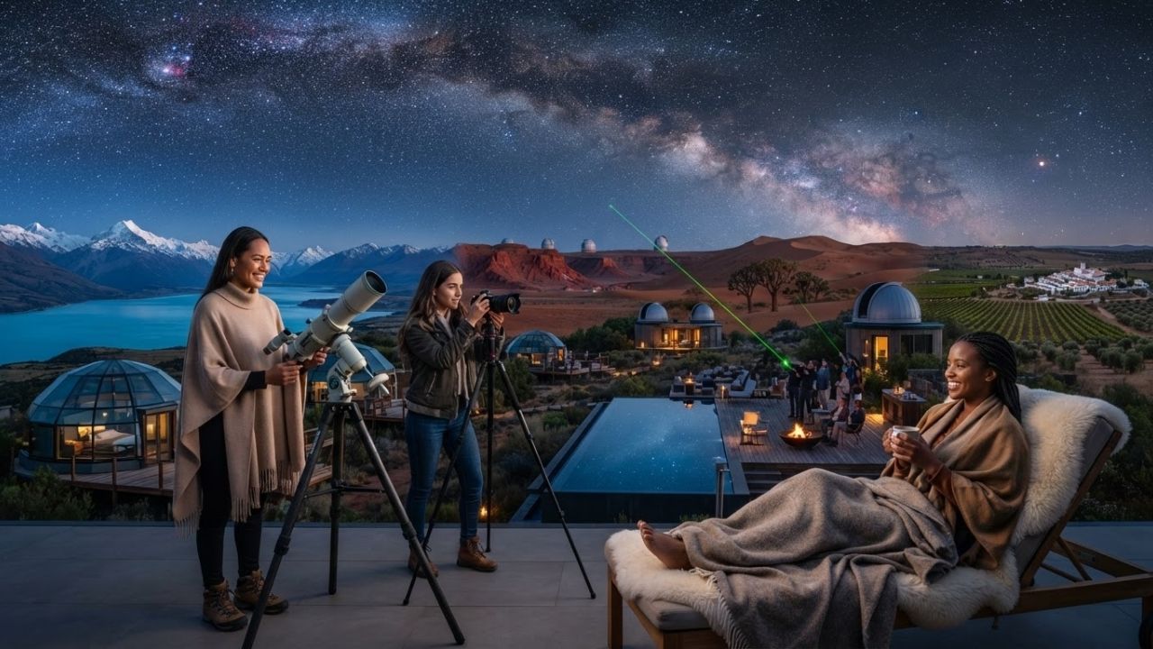 A clear view of the Milky Way stars shining bright above snow capped mountains in New Zealand