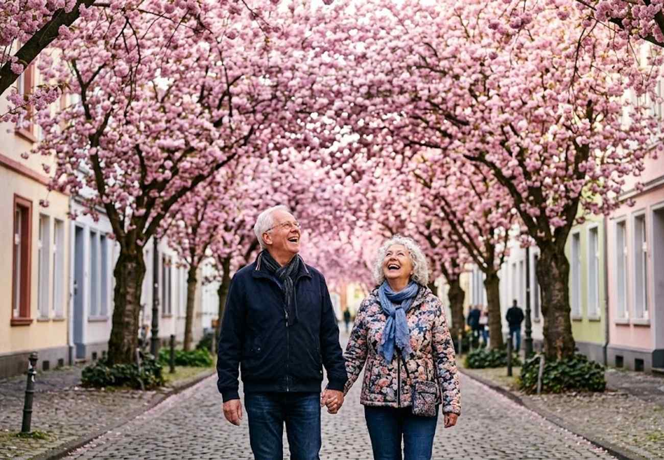 Cherry blossom trees in full bloom across various global cities