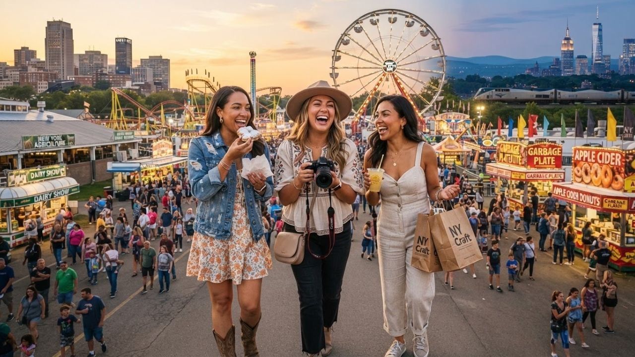 A vibrant state fair midway at dusk with a illuminated giant Ferris wheel and colorful crowds
