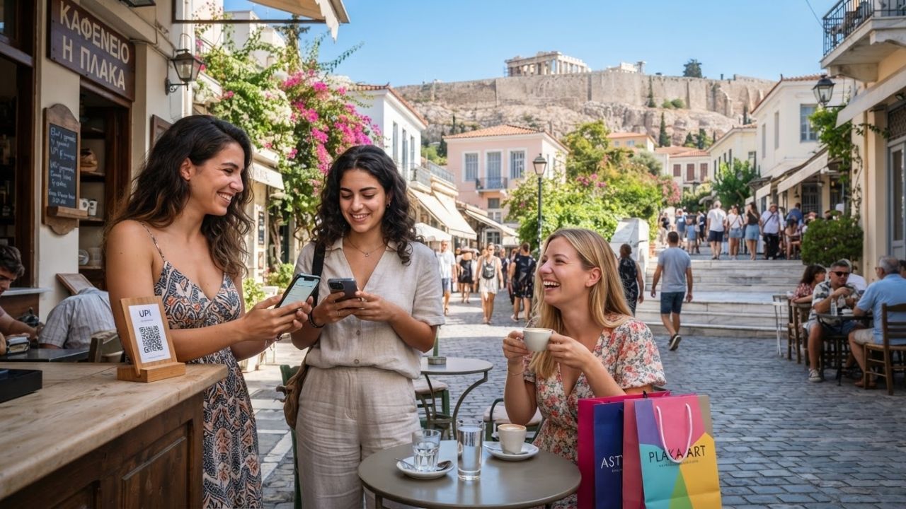 A smartphone displaying a QR code for a UPI payment with Greek architecture in the background