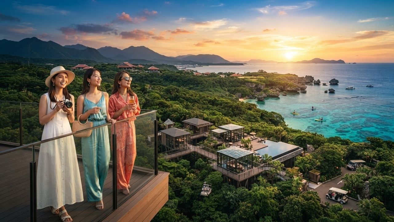 A modern nature-integrated theme park lodge surrounded by lush green sub-tropical forests in Okinawa