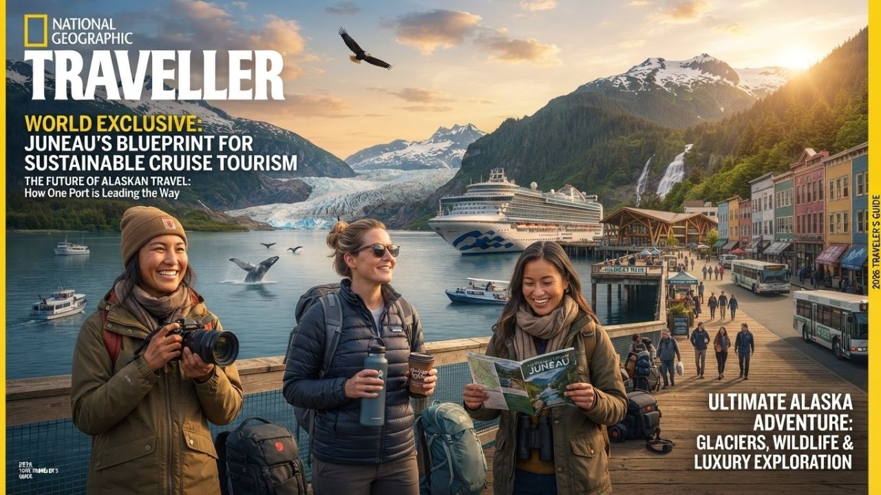 A large cruise ship anchored in the waters of Juneau harbor, surrounded by forested mountains