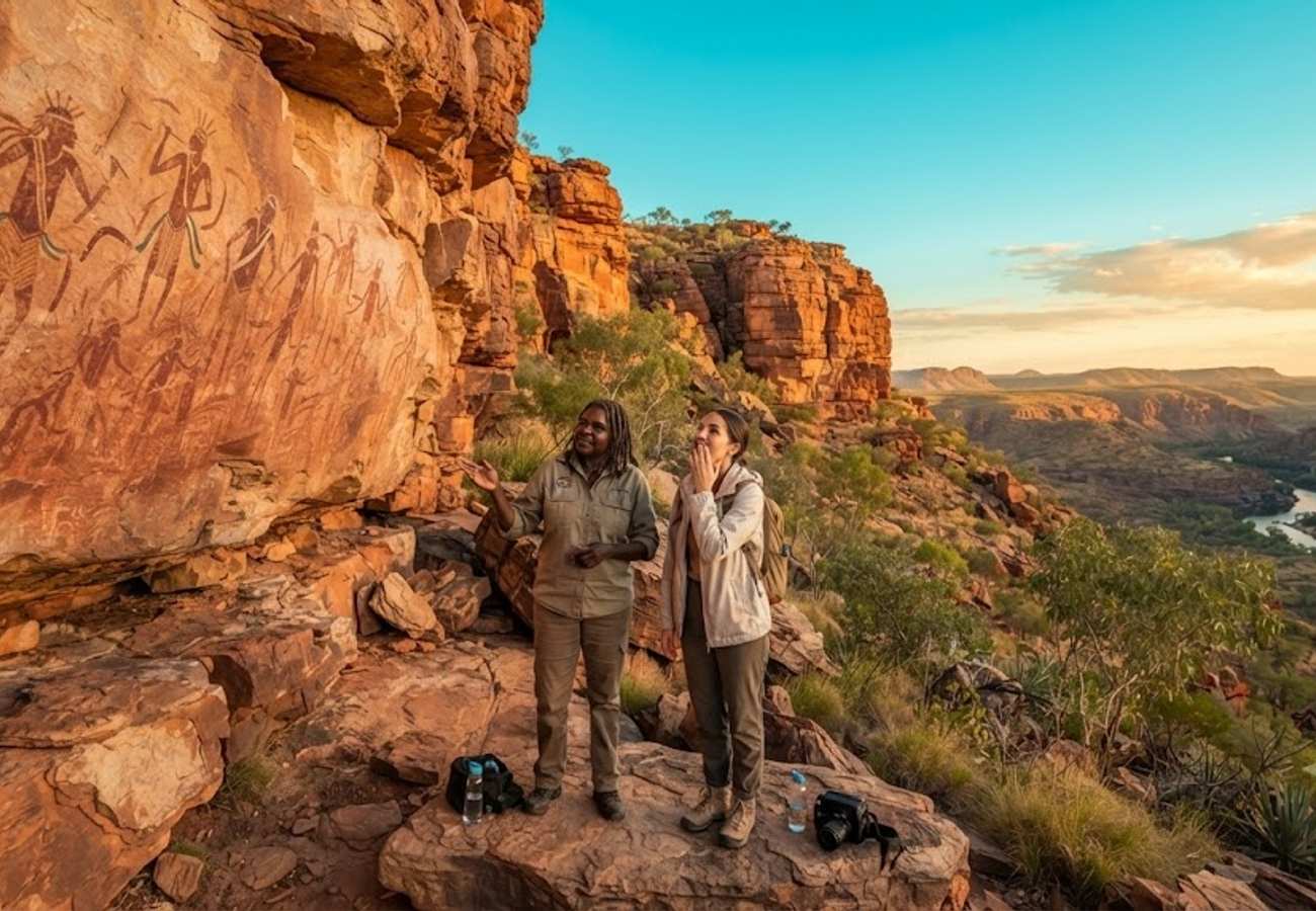 Ancient Gwion Gwion rock art figures displayed on sandstone walls in the Kimberley region