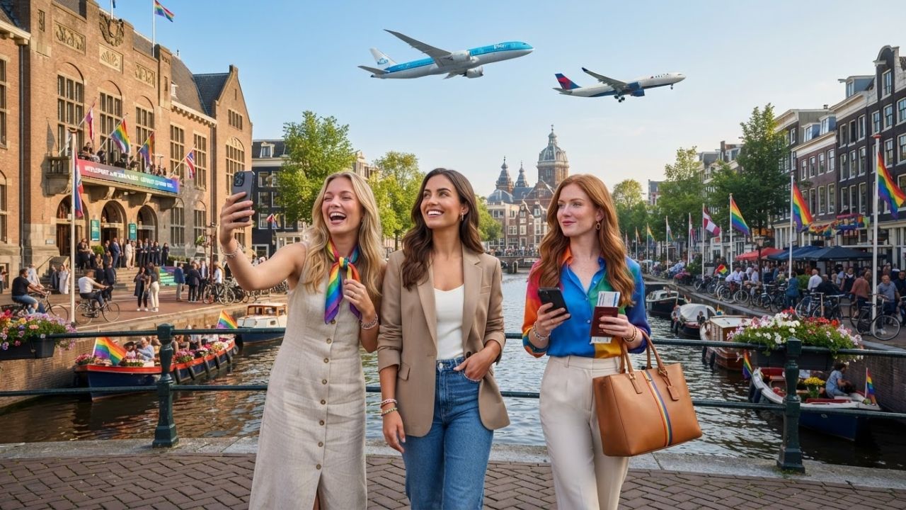 A colorful canal parade in Amsterdam with boats and decorations under clear summer skies