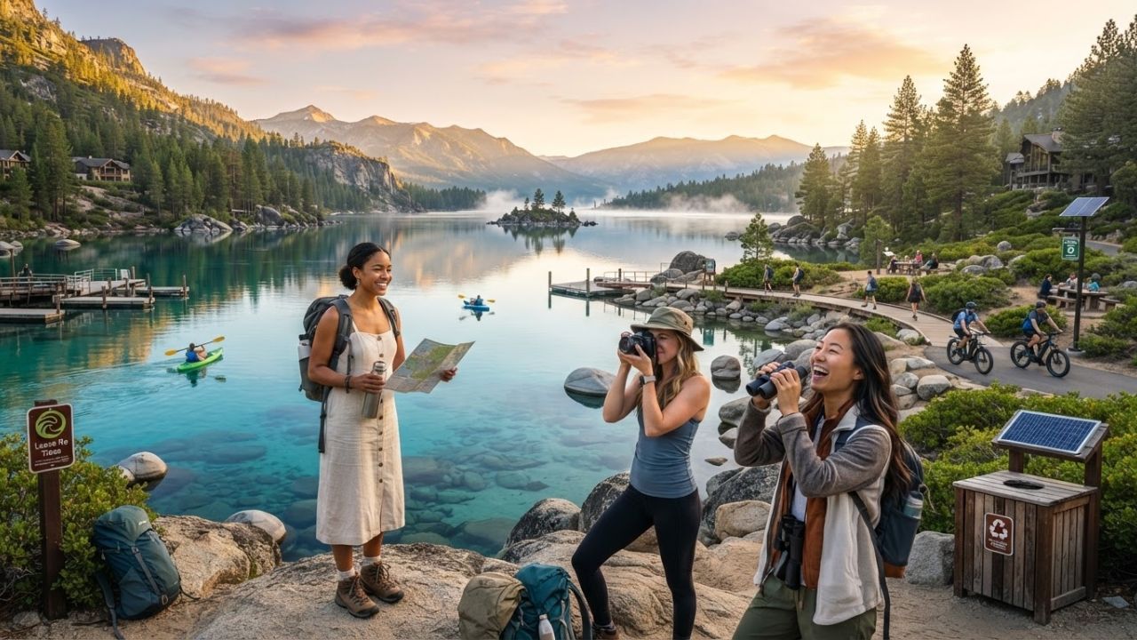 A scenic view of Lake Tahoe's clear blue water and surrounding pine trees