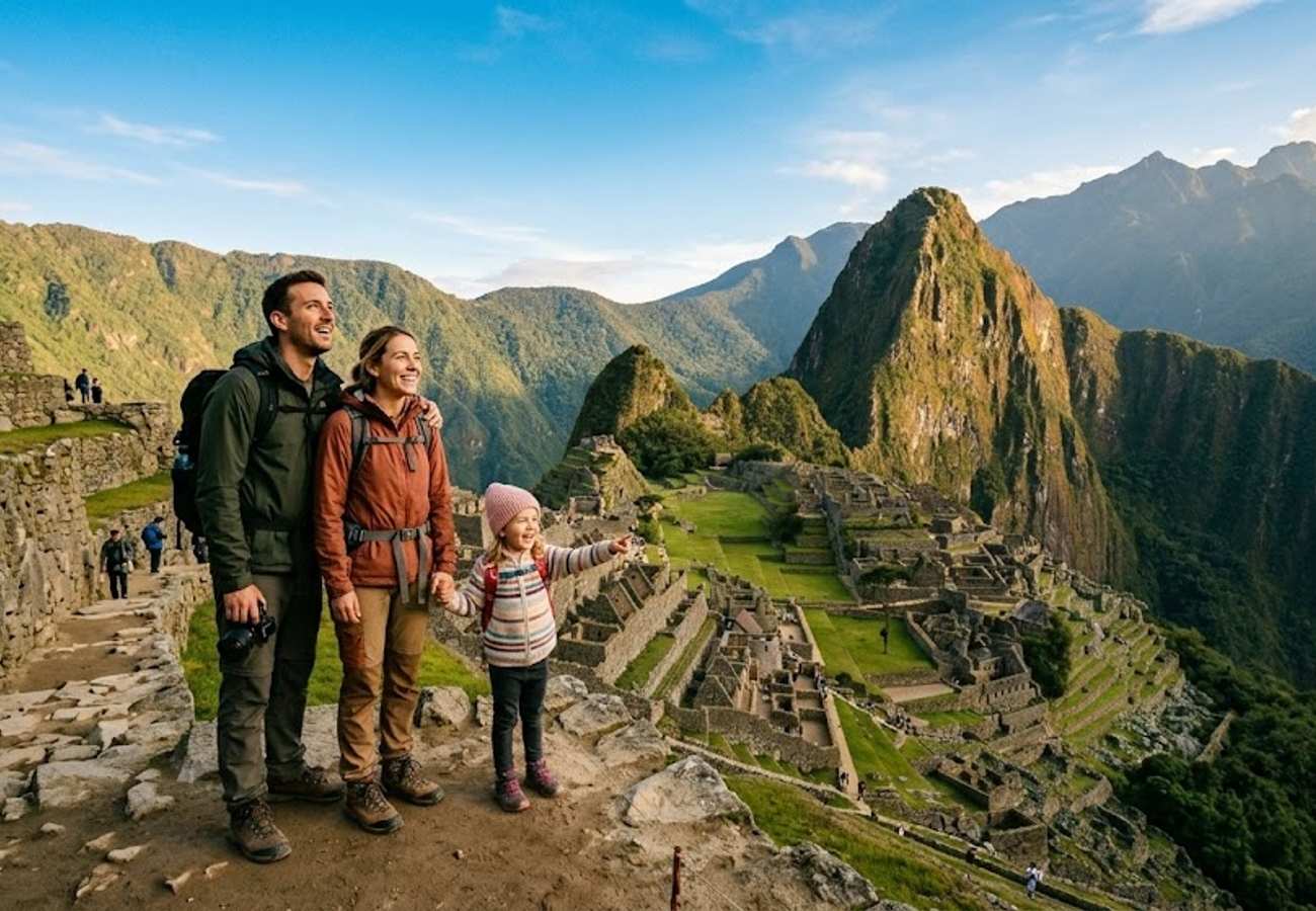 Aerial view of Machu Picchu citadel under clear skies