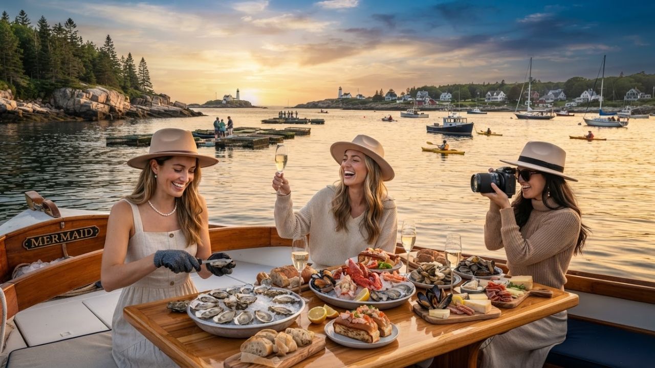 A plate of fresh oysters on ice served with lemon slices at a coastal Maine restaurant