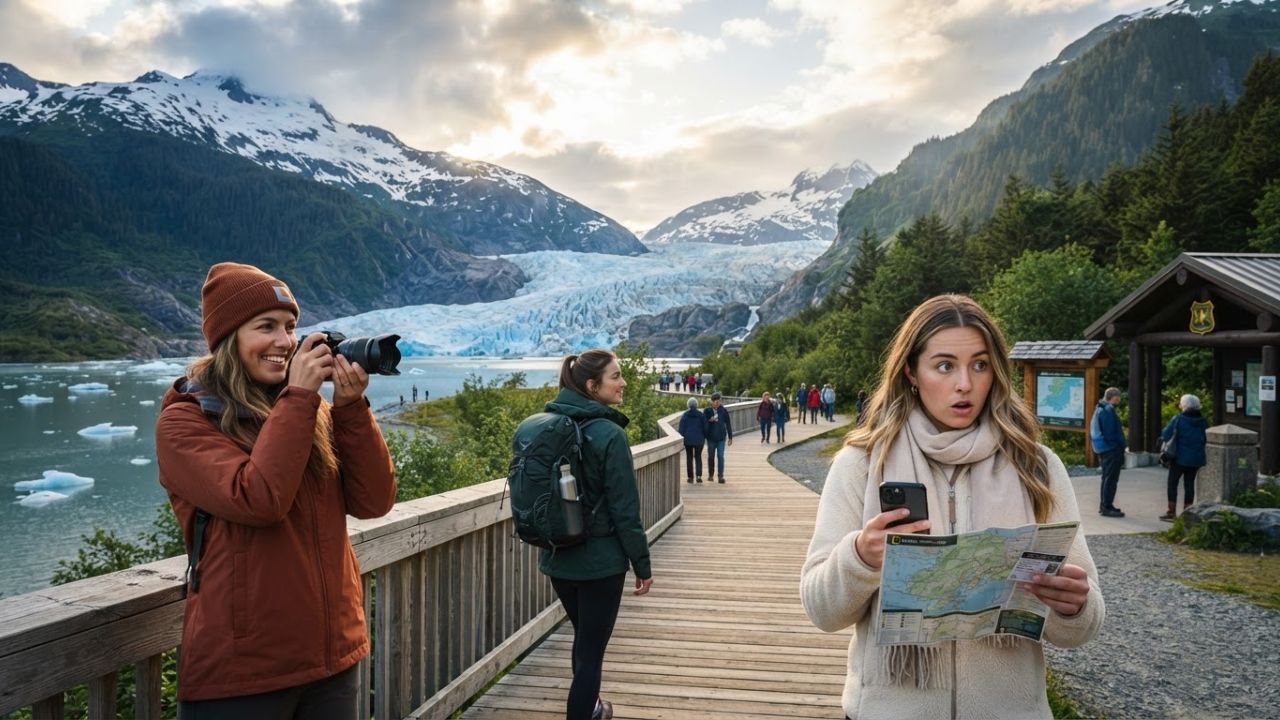 Mendenhall Glacier in Juneau, Alaska with visitors and a boardwalk overlooking the lake