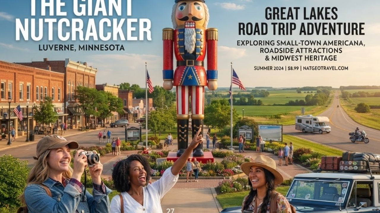 A towering Uncle Sam giant nutcracker statue standing beside a rural highway under sunset skies
