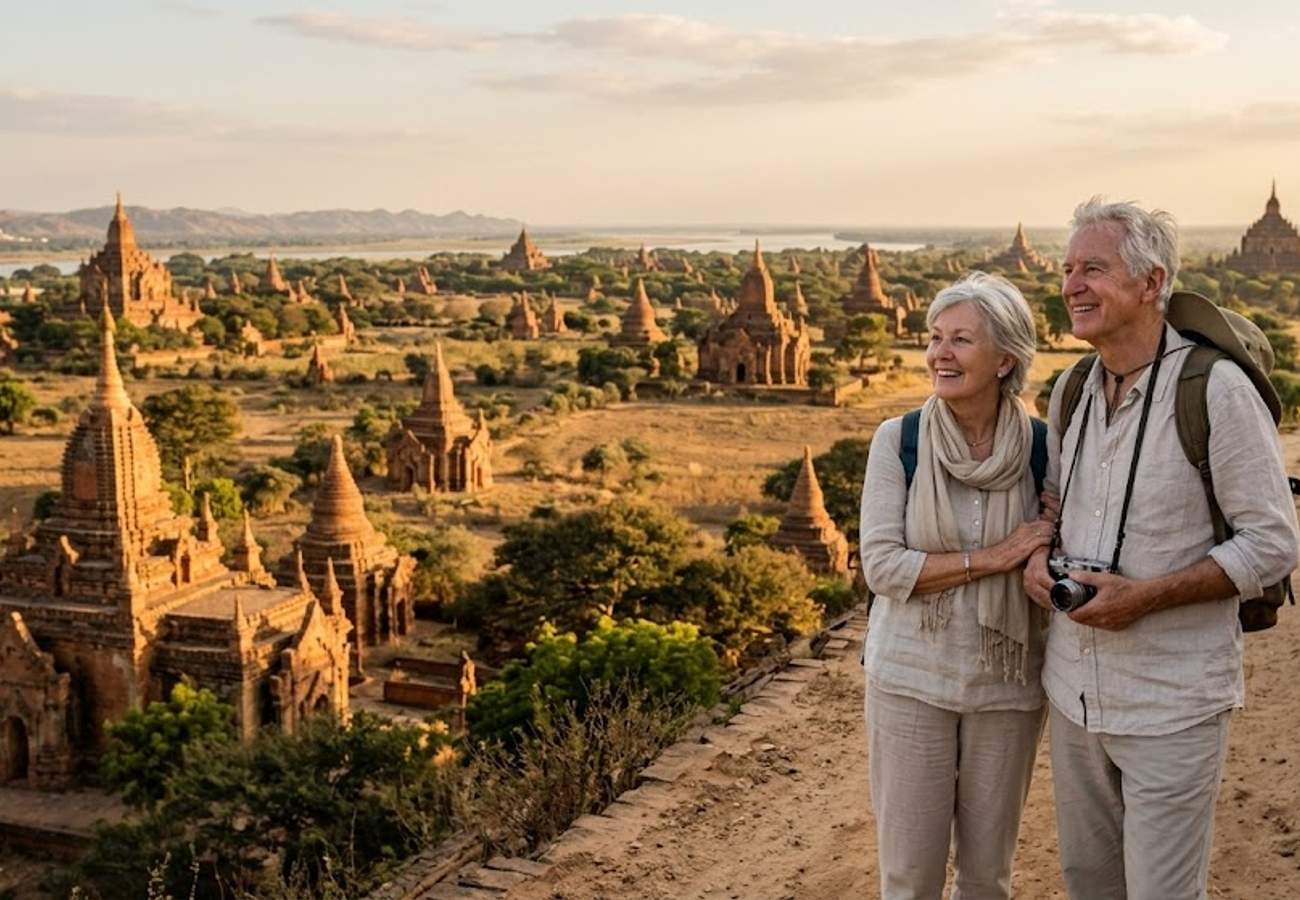 Aerial view of ancient temples in Bagan, Myanmar