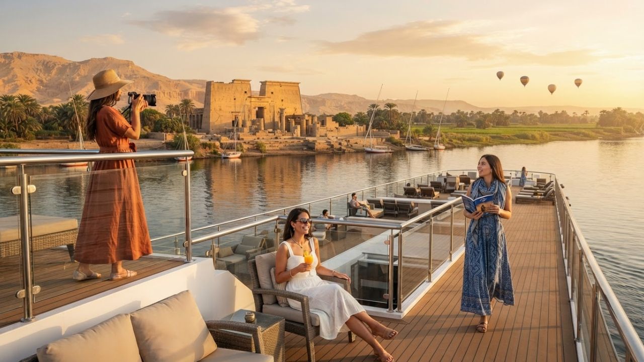 A luxury cruise ship docked along the banks of the Nile River in Egypt
