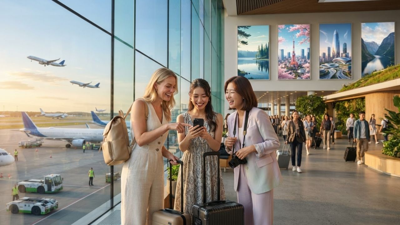 Crowds of international travelers walking through a modern airport terminal lobby