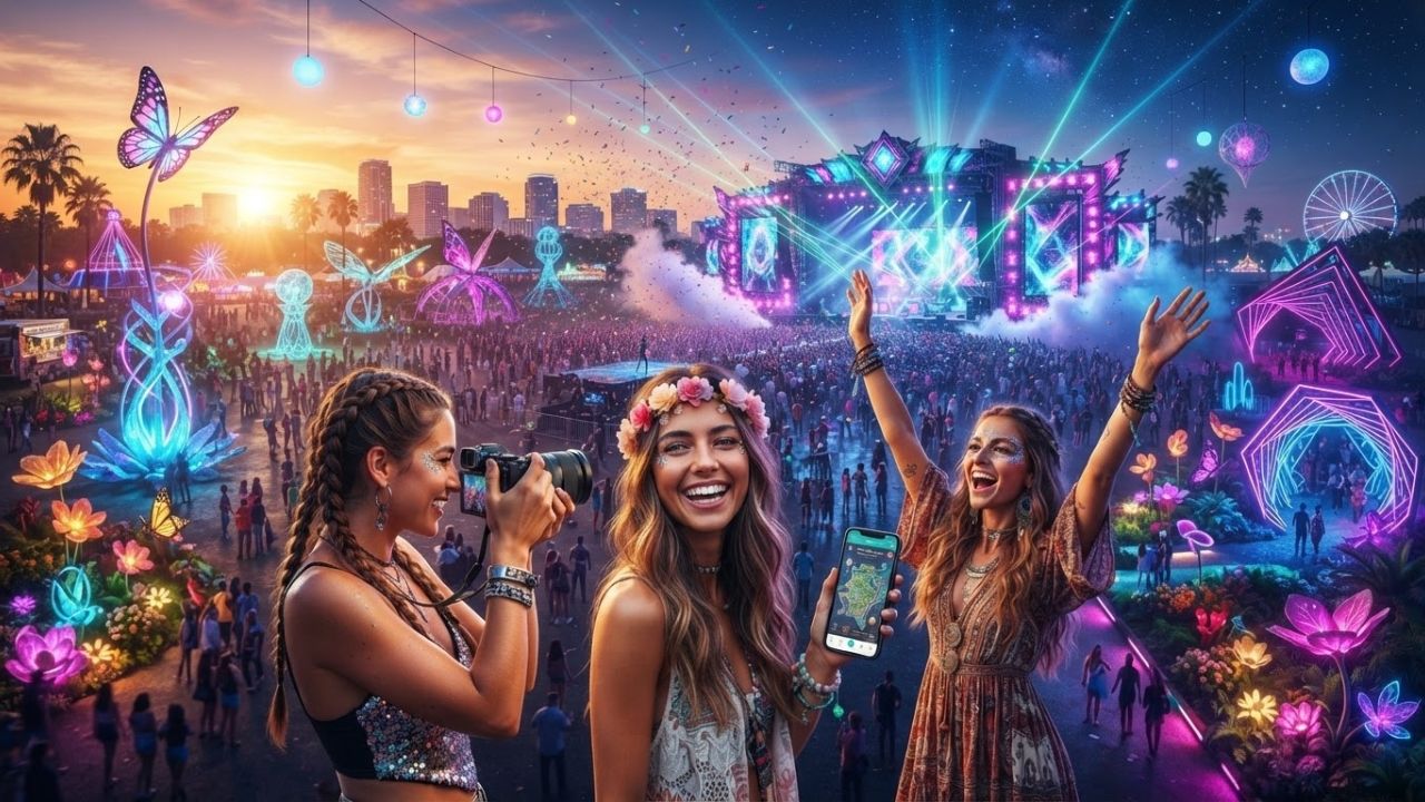A large outdoor music festival stage with colorful lights and laser effects at evening in Orlando