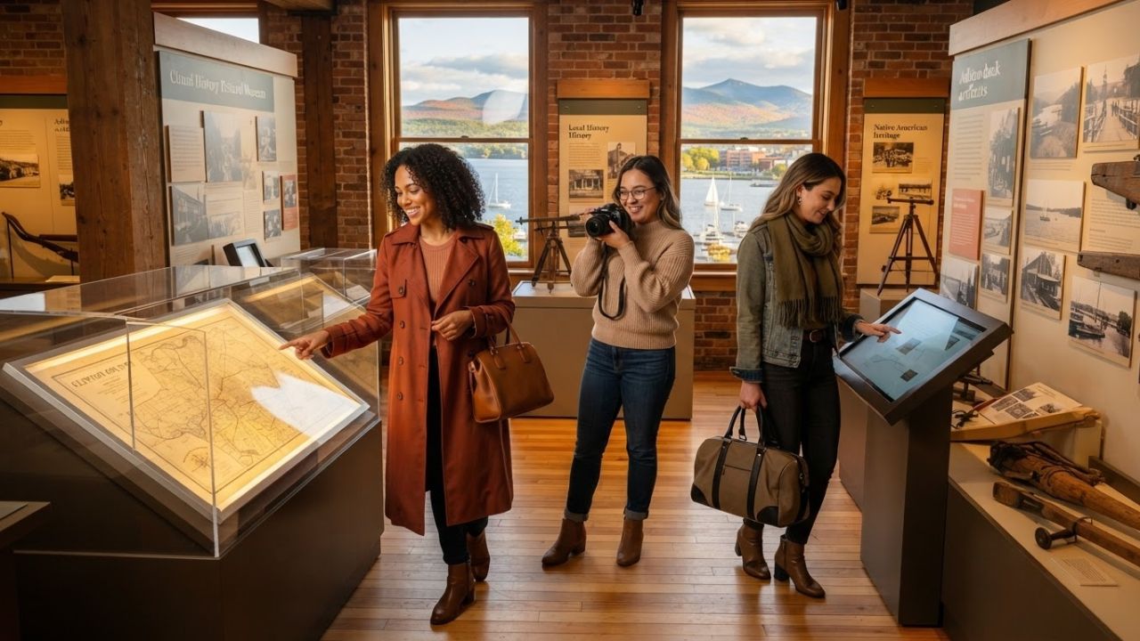 A vintage gallery room inside a historic New York museum displaying local artwork and historical artifacts