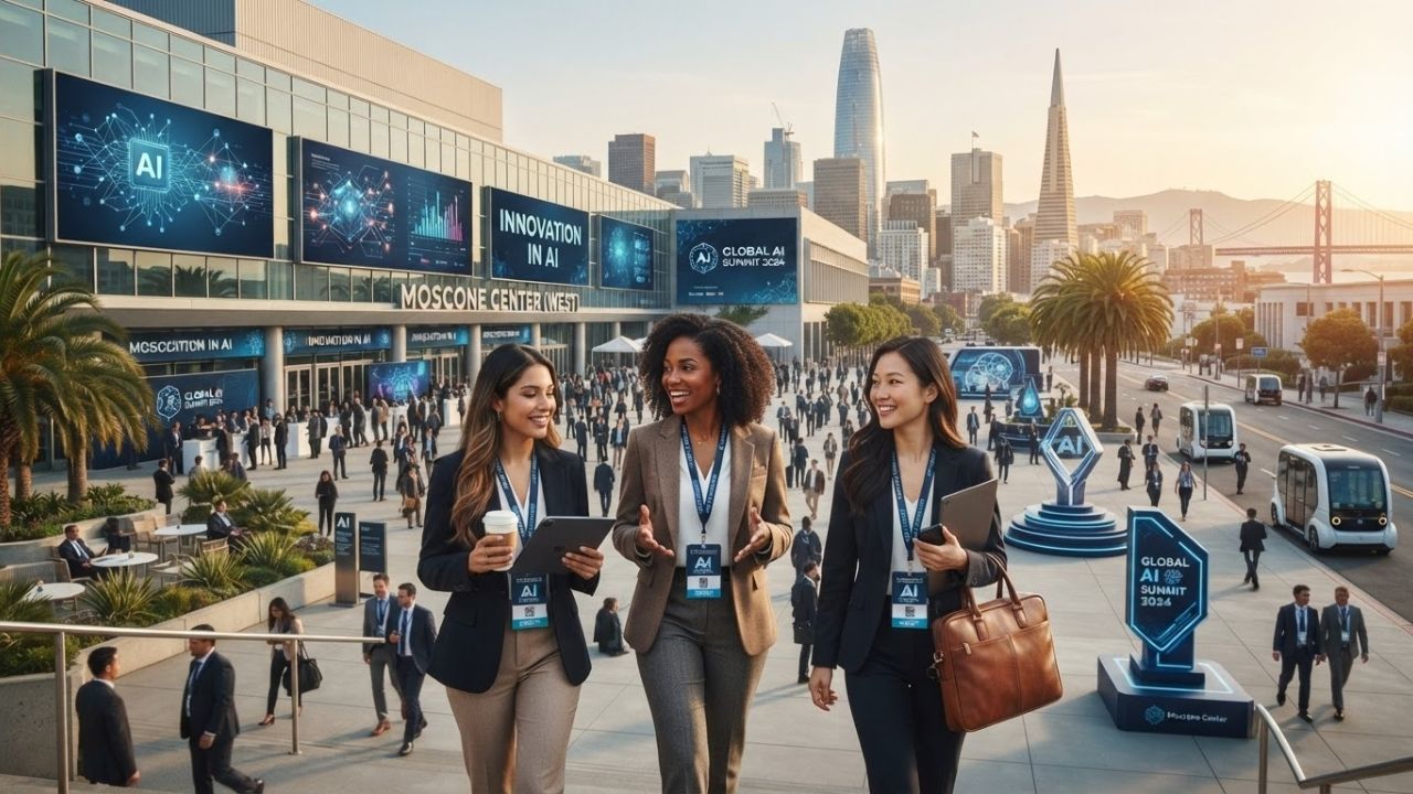 The entrance of Moscone Center in San Francisco during a busy tech convention